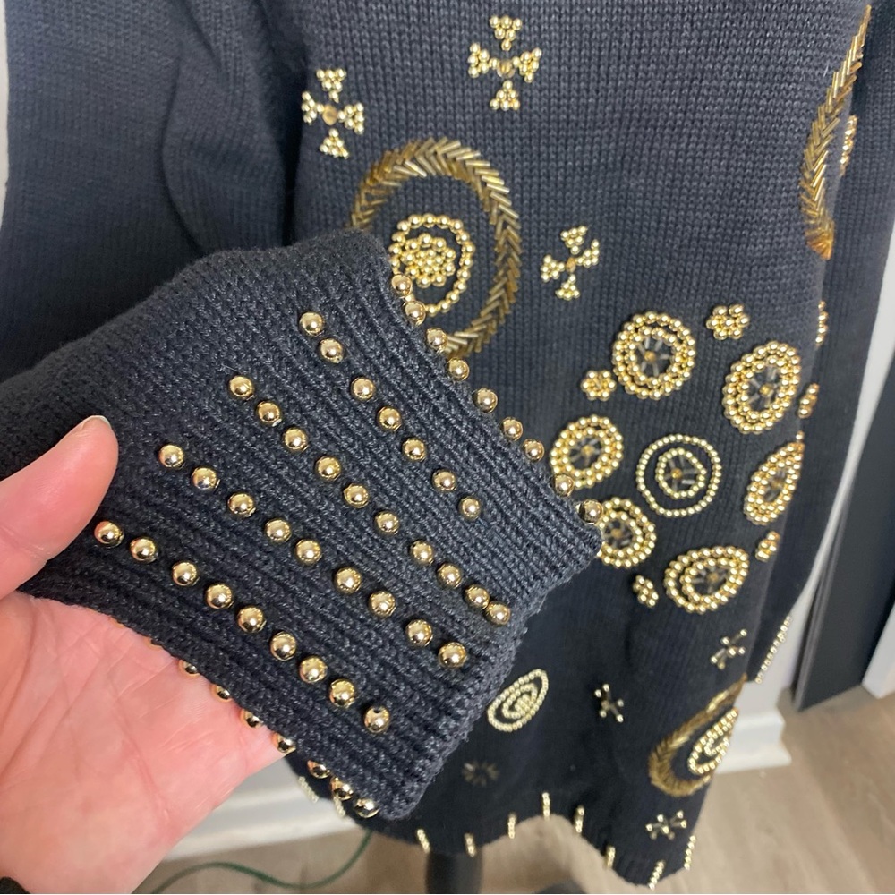 Vintage Victoria Harbour Black Embellished Sweater Tunic Gold Beaded Studded Med - Picture 4 of 6